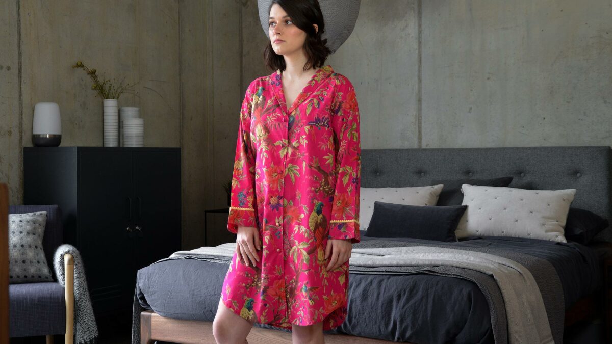 vibrant pink chinoiserie print light cotton nightshirt with bobble detail cuffs