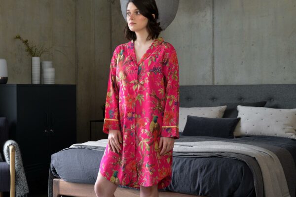 vibrant pink chinoiserie print light cotton nightshirt with bobble detail cuffs