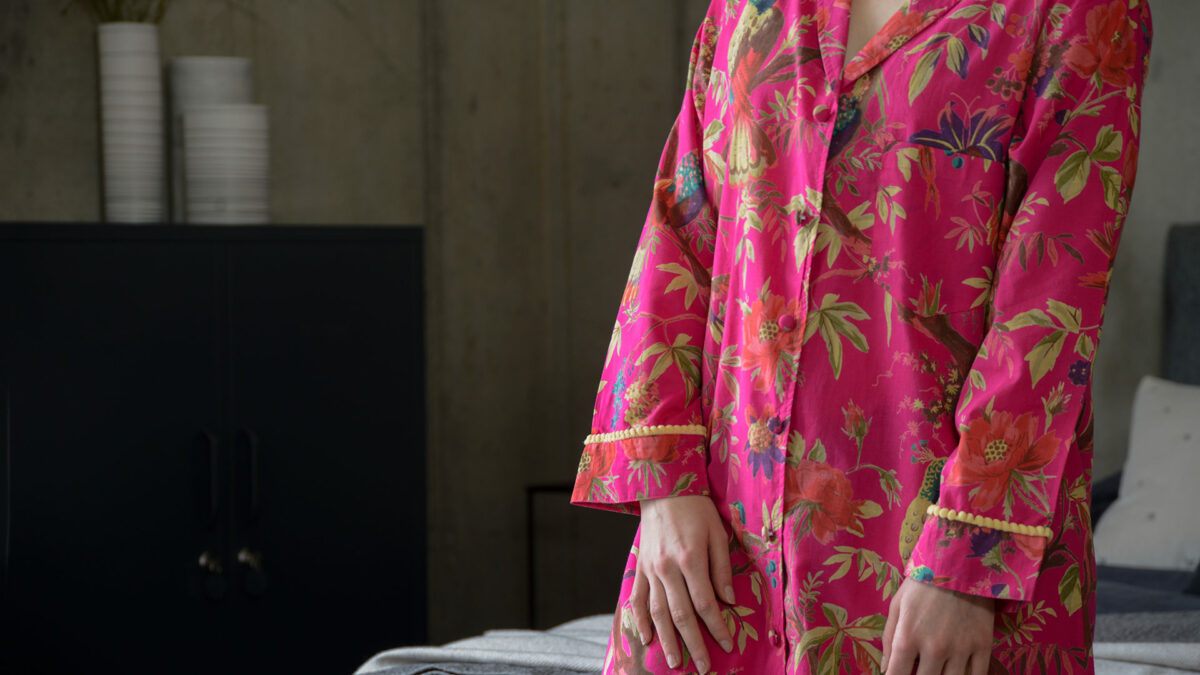 vibrant pink chinoiserie print light cotton nightshirt with bobble detail cuffs