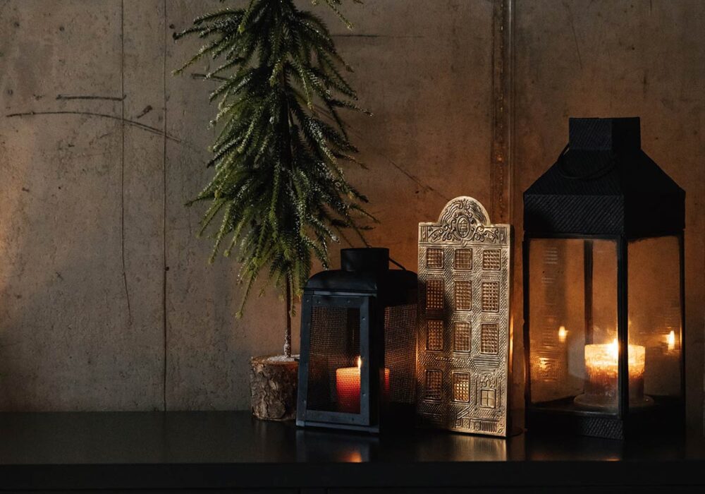 house shape lantern and xmas trees