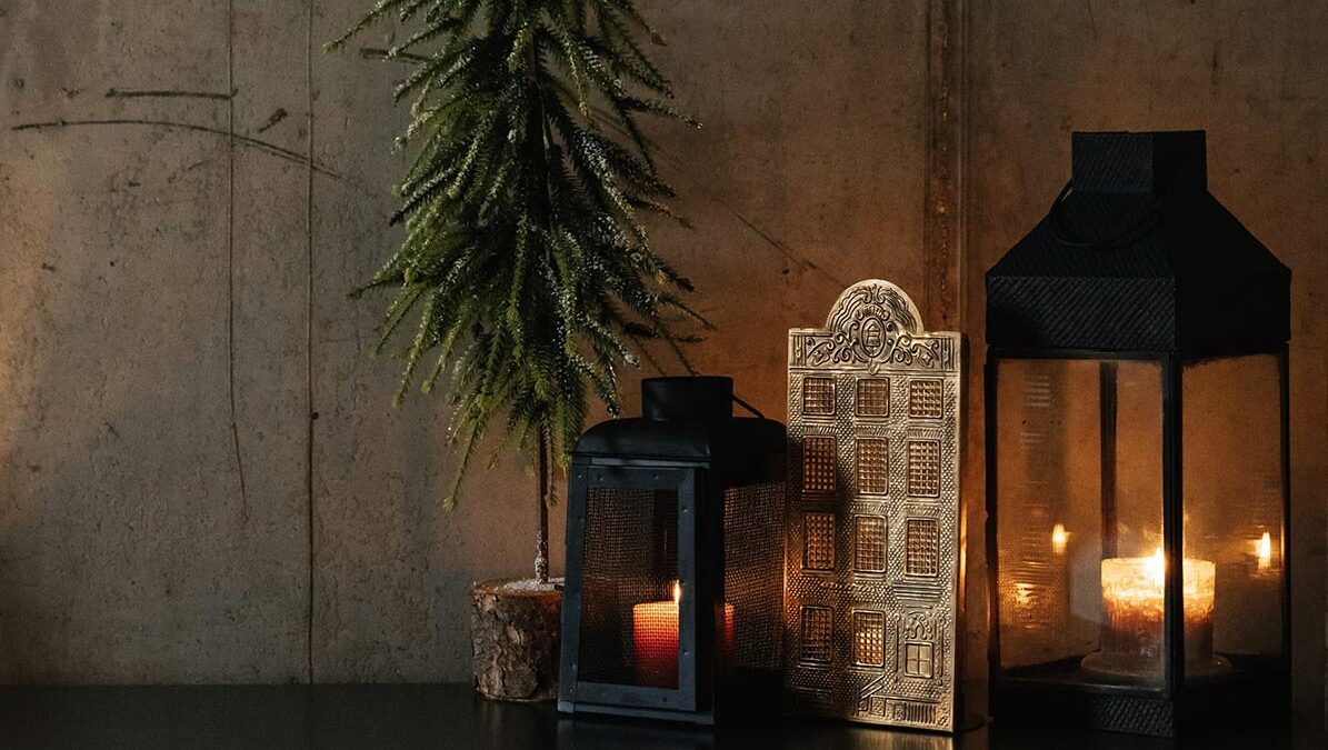 house shape lantern and xmas trees