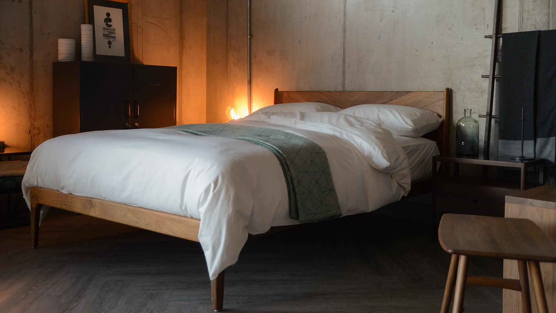 organic cotton bedding shown on our handcrafted solid wooden Hoxton bed