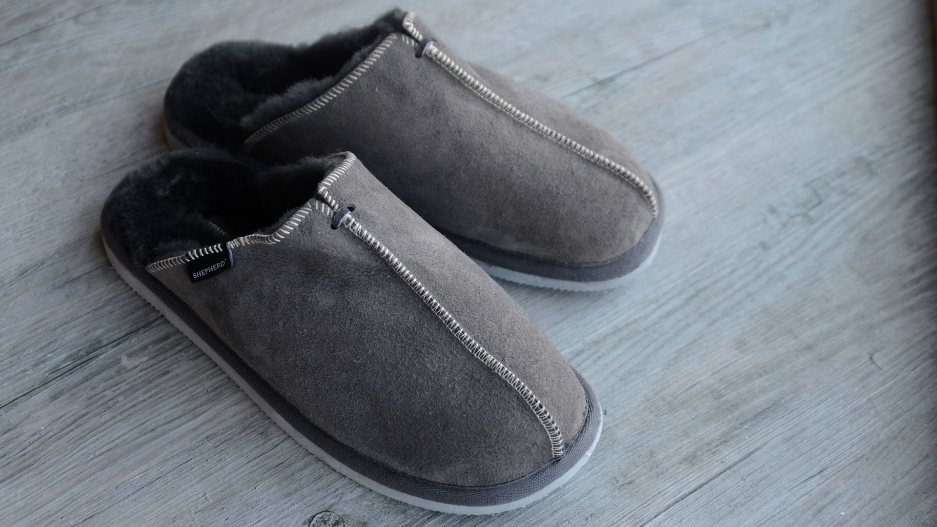 grey sheepskin mule style slippers