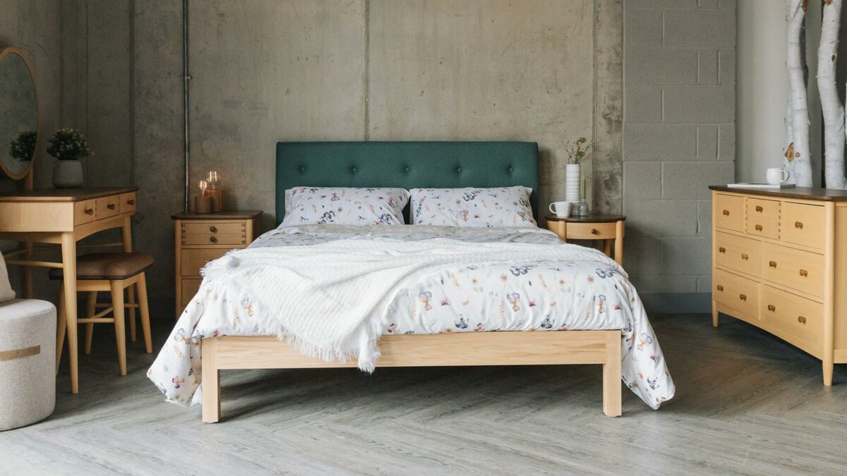 iona upholstered ash bed with stained oak bedroom furniture 975