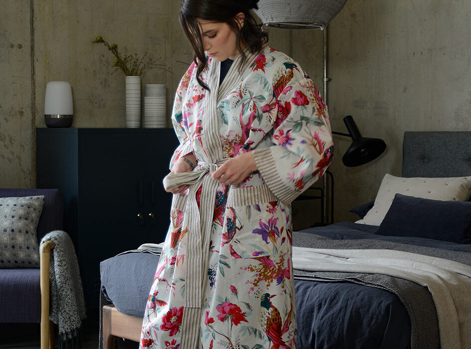 ivory and deep pink patterned robe berries and birds 1400
