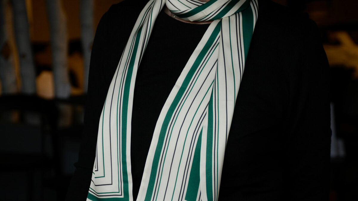 slim silk feel scarf in ivory with green and black stripes