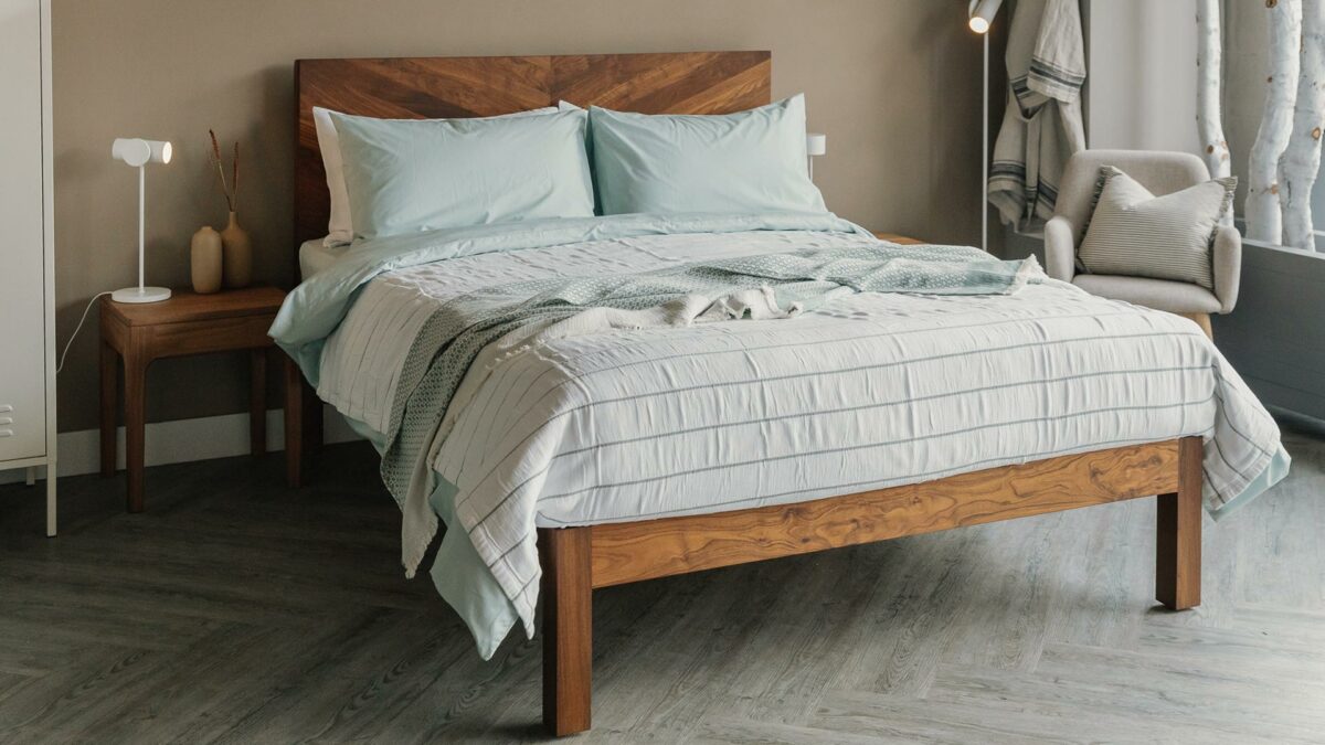 light weight cotton bedspread in white with mint green stripes shown on a kingsize bed