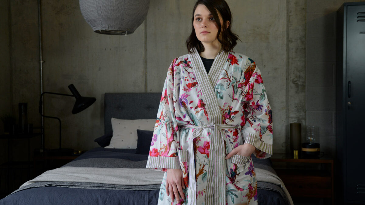 chinoiserie print light cotton robe in pink and ivory with striped edging