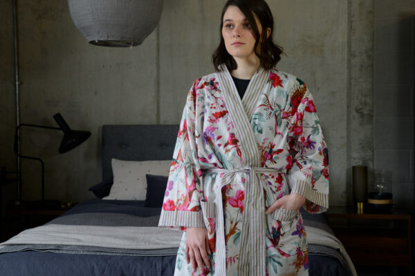 chinoiserie print light cotton robe in pink and ivory with striped edging