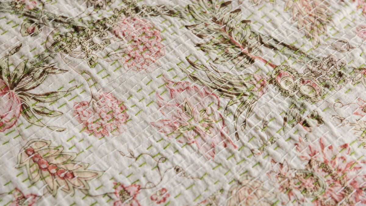 ivory floral kantha throw