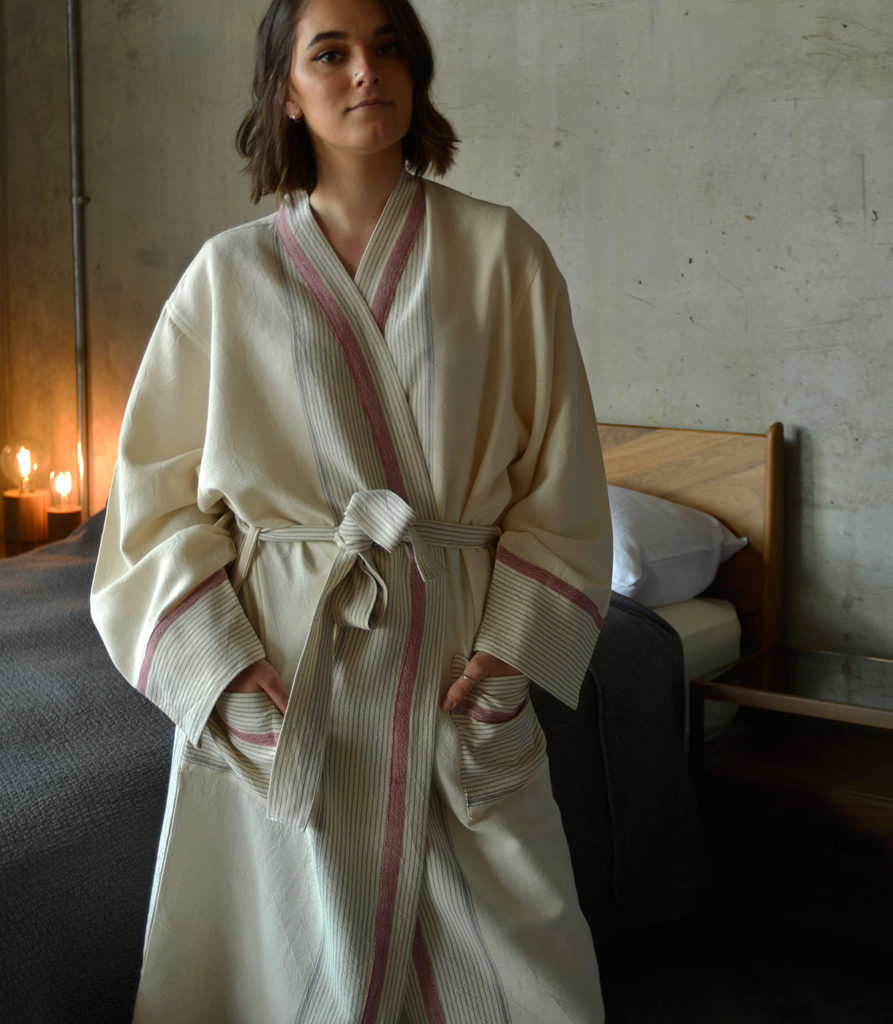 ivory soft cotton dressing gown with striped details a closer view