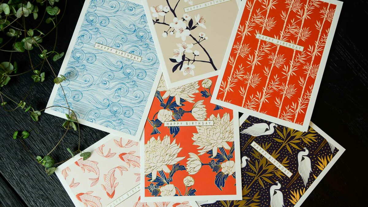 set of birthday cards with Japanese designs and gold detailing