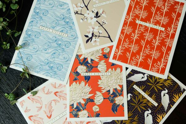 japan theme birthday card set with gold details