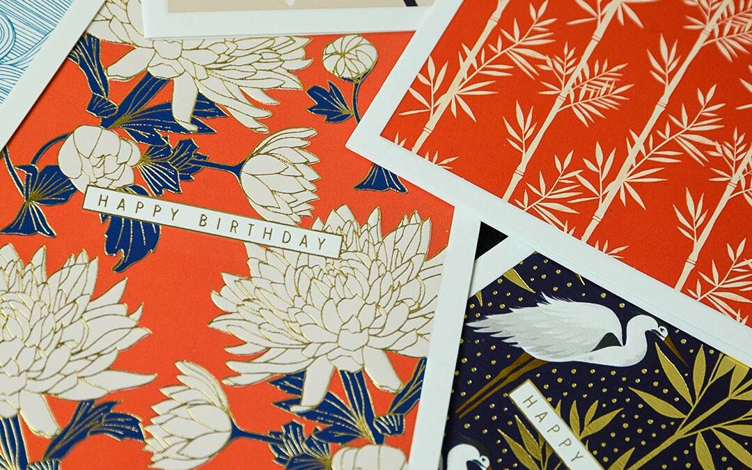 set of birthday cards with Japanese designs and gold detailing