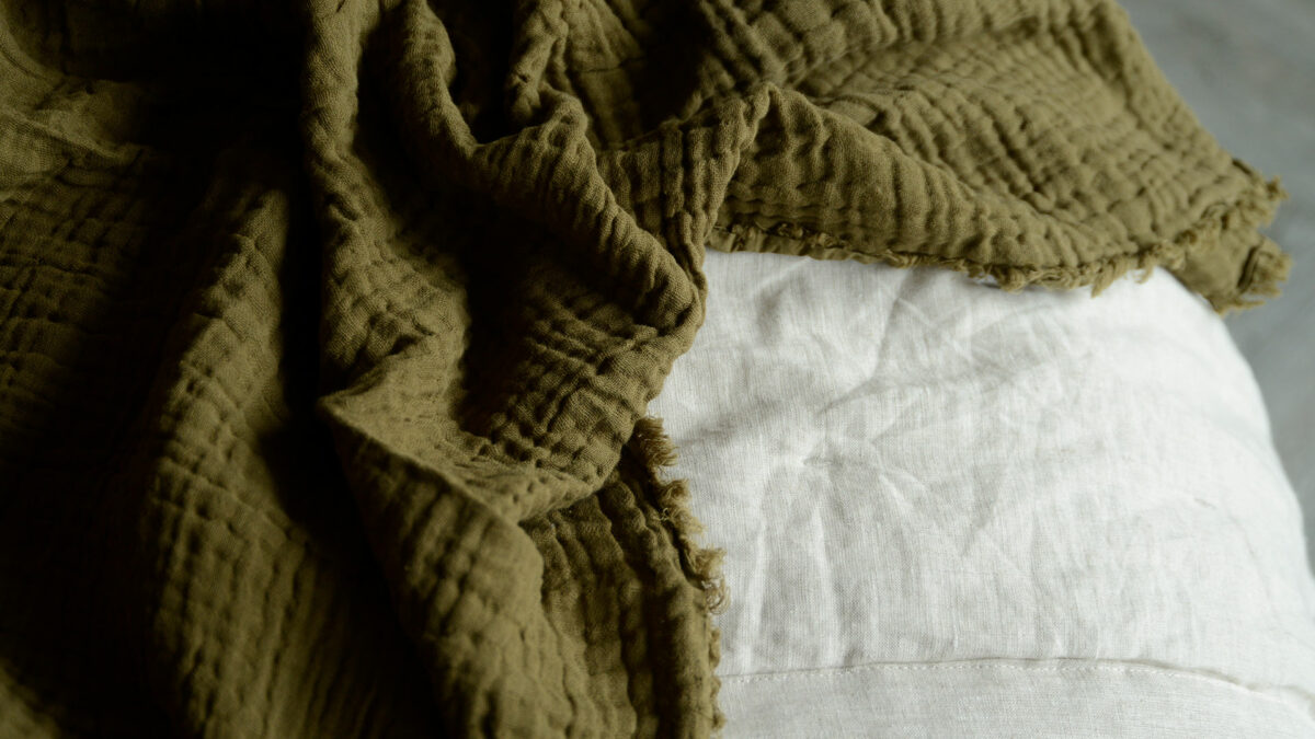 khaki cotton muslin throw detail