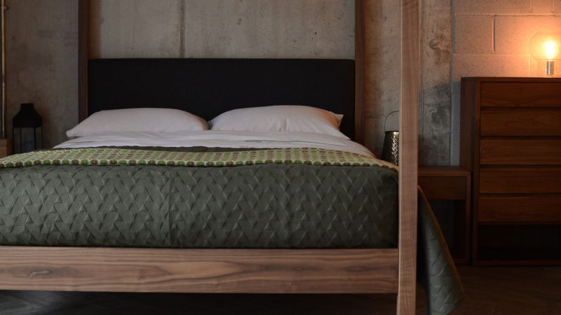 khaki stitched bedspread shown on our solid wood classic 4 poster bed The Highland