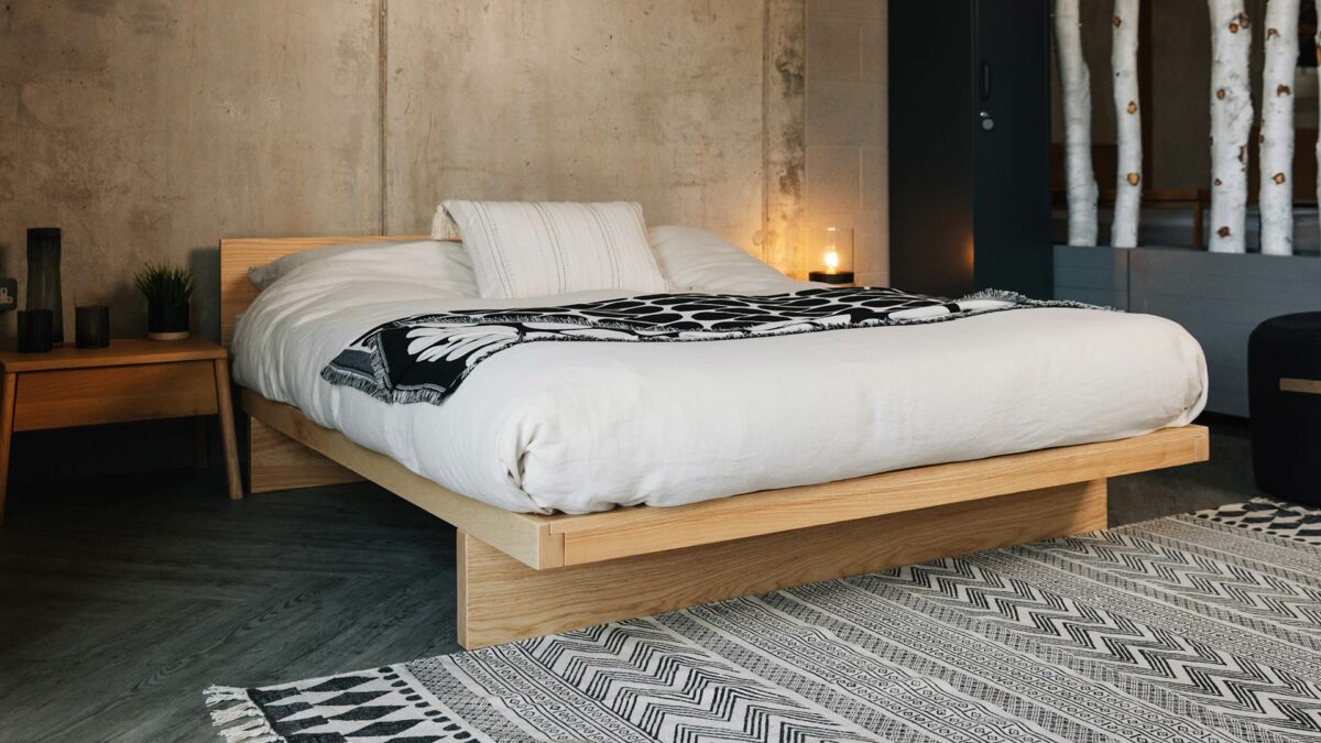 Solid Ash Kyoto Bed Frame with Headboard in a modern monochrome Japanese style setting