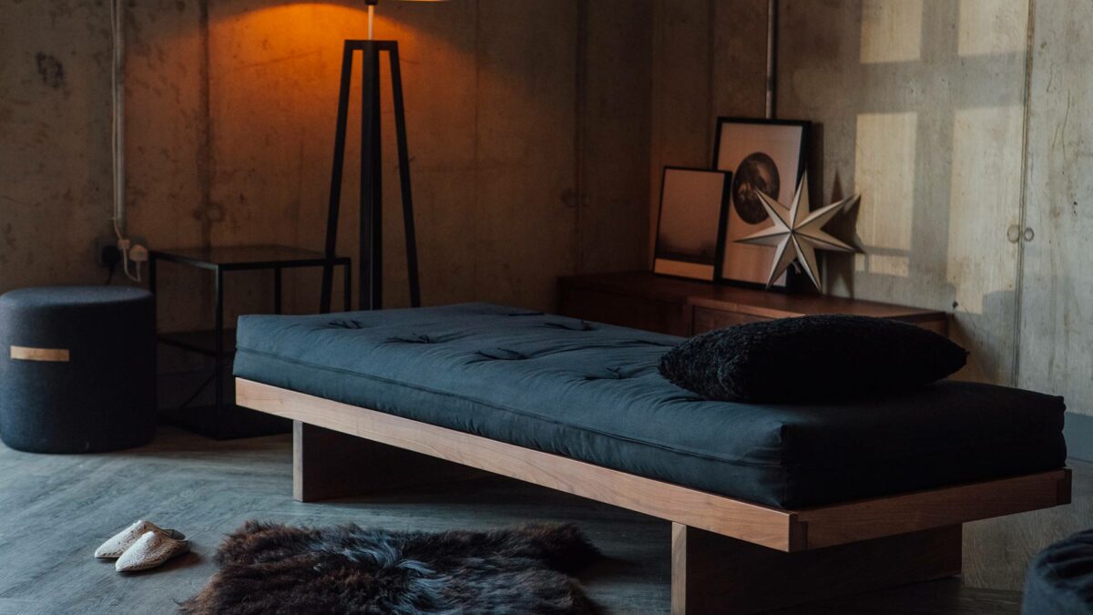 A Scandinavian inspired room setting for our Kyoto futon day-bed made in solid walnut wood