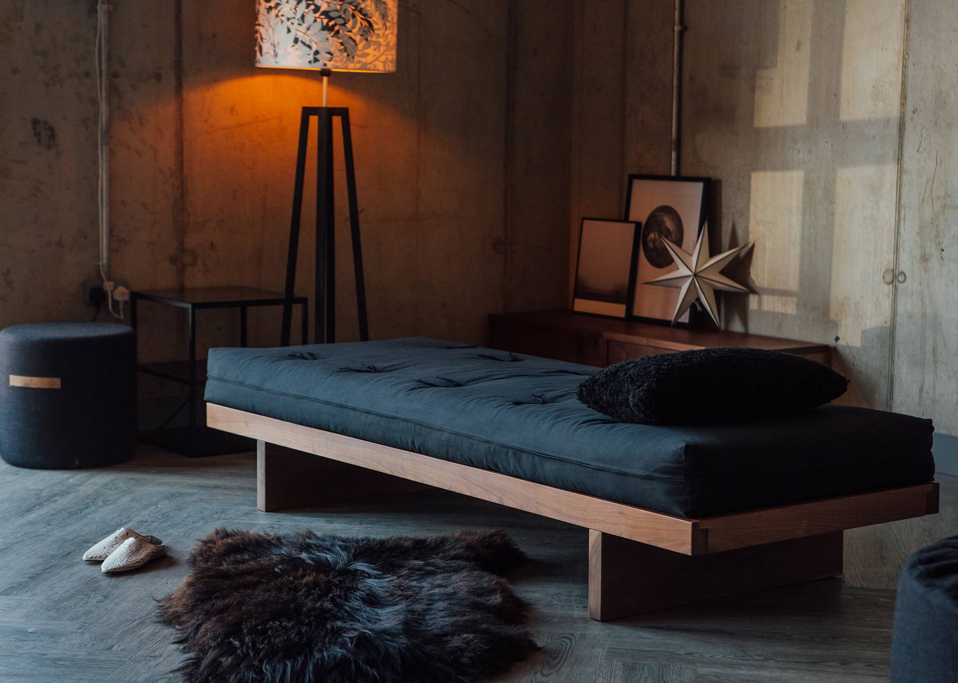 A Scandinavian inspired room setting for our Kyoto futon day-bed made in solid walnut wood