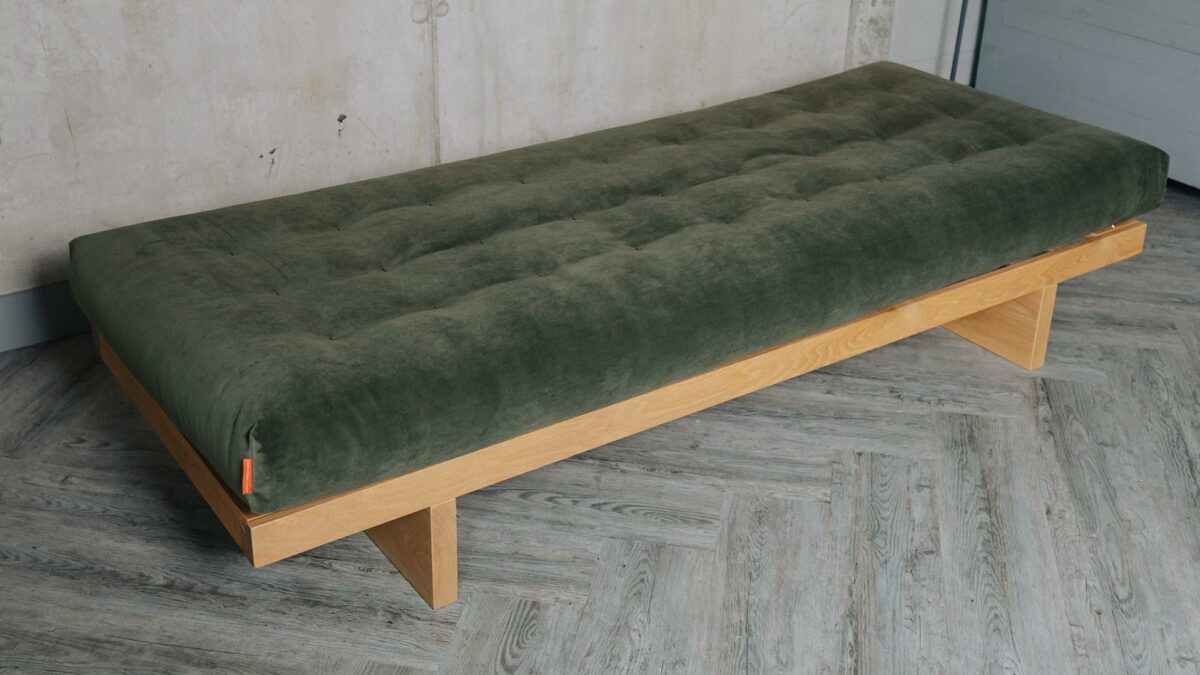 kyoto Daybed in solid oak with sprung mattress in olive green