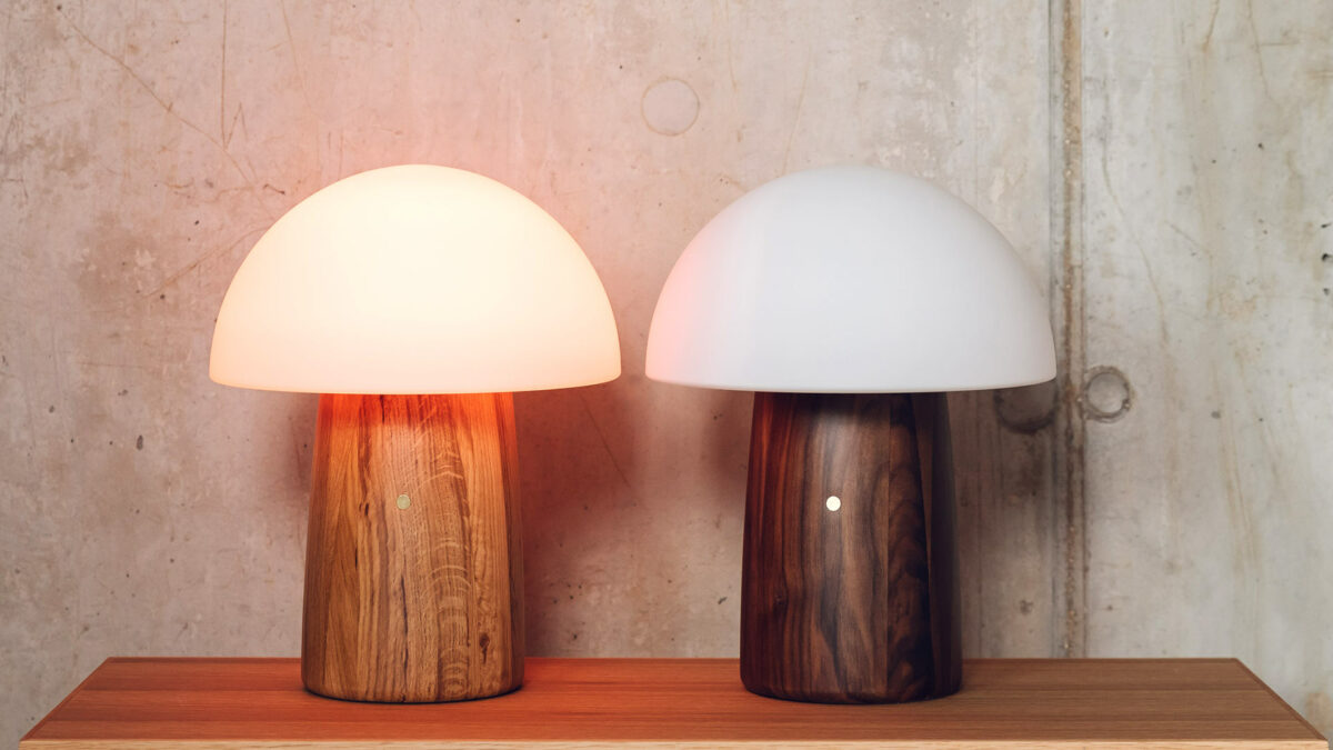 Mushroom shape lights with colour change and white light options and a choice of oak or walnut bases