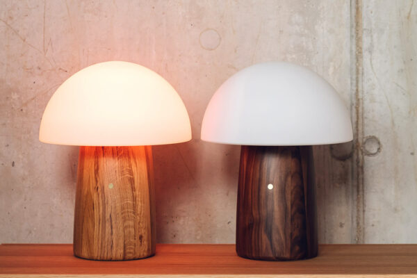 Mushroom shape lights with colour change and white light options and a choice of oak or walnut bases