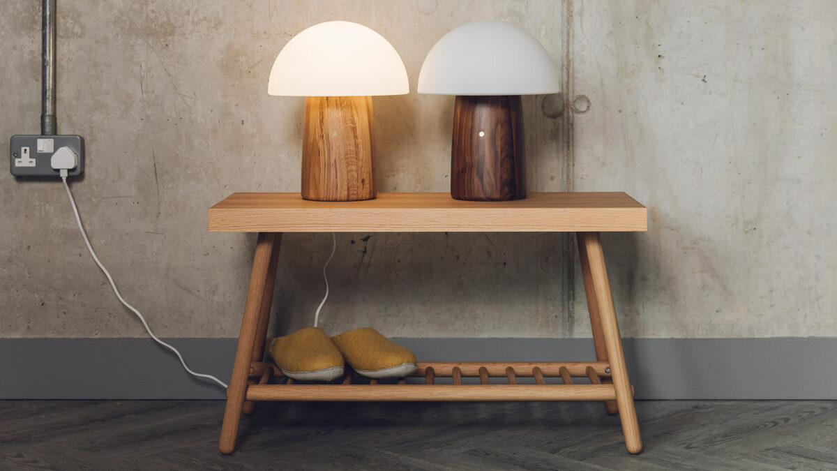 Mushroom shape lights with colour change and white light modes and a choice of oak or walnut bases