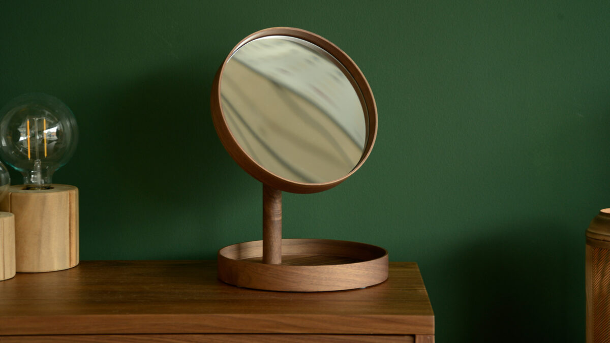 walnut wood adjustable magnifying mirror with tray