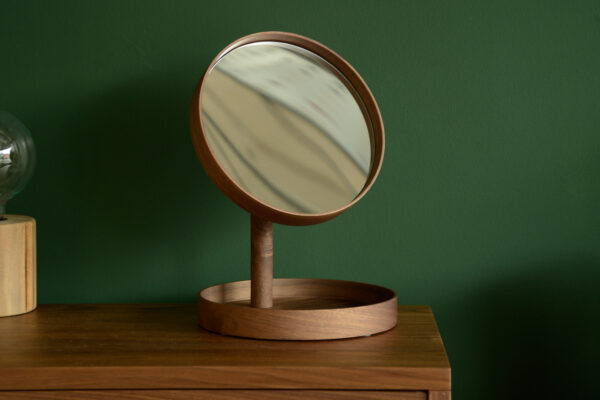 walnut wood adjustable magnifying mirror with tray