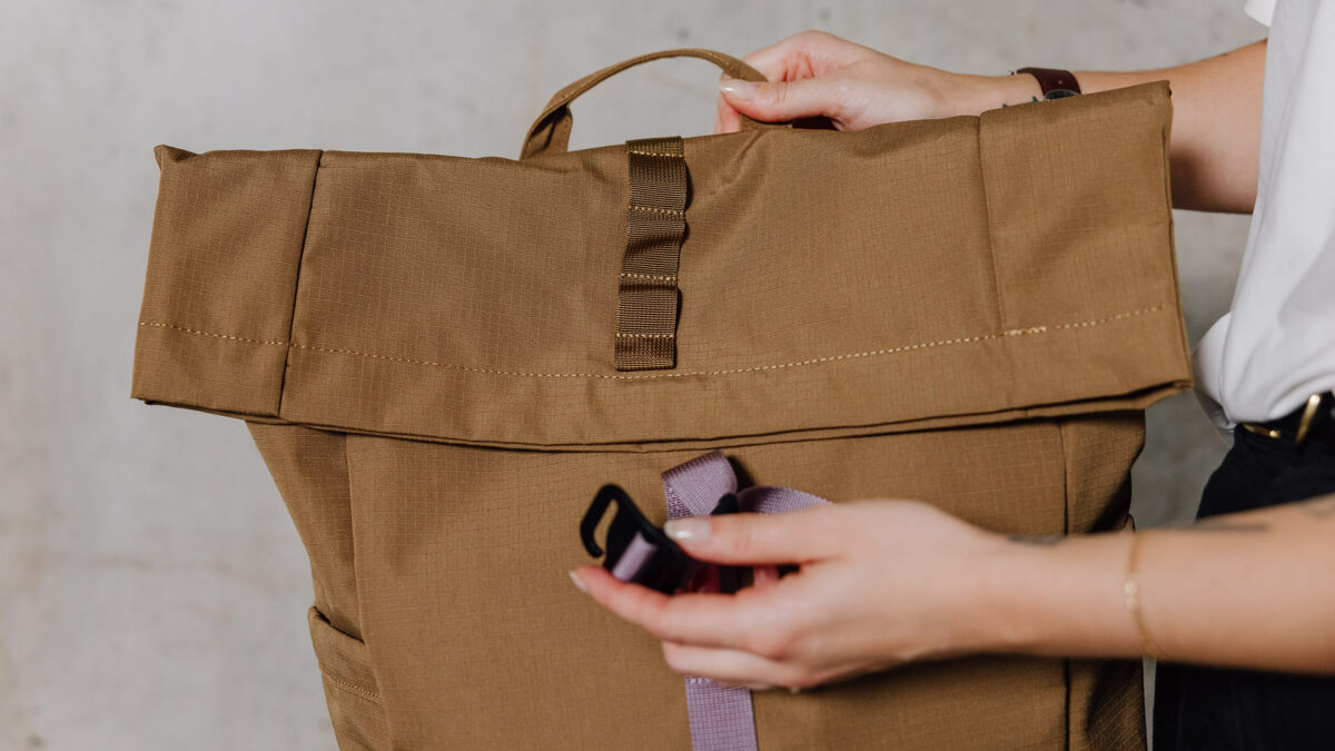 large roll top back pack closure detail