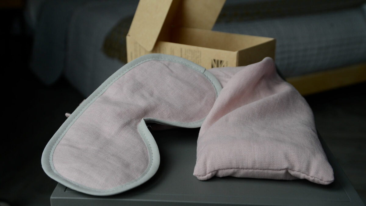 lavender scented eye mask and neck wrap pink linen