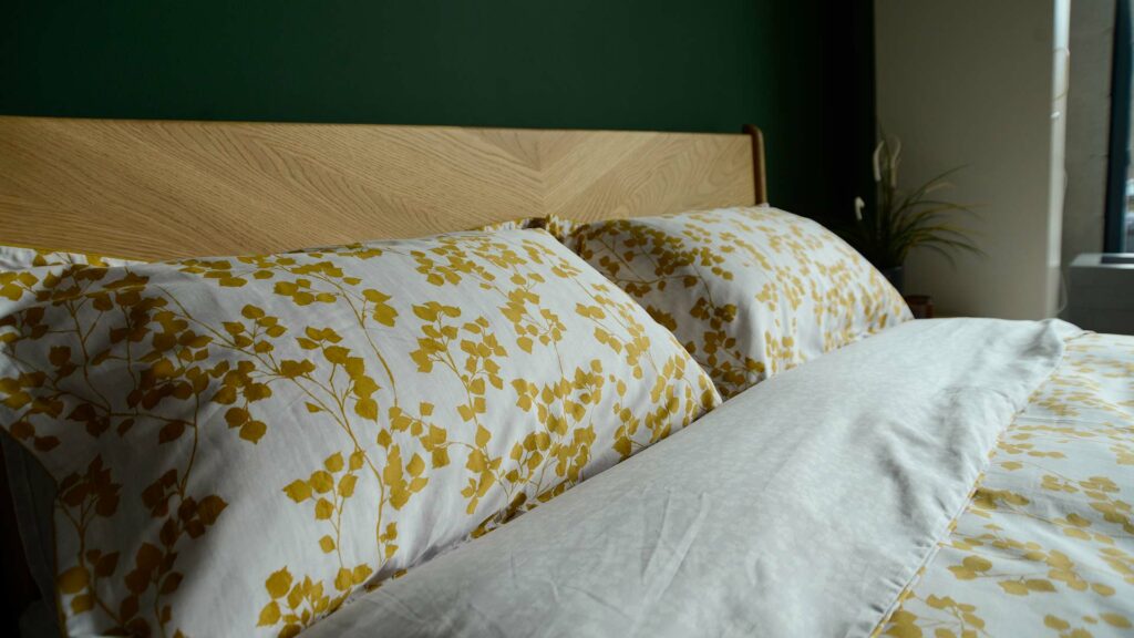 reversible leaf print duvet cover set in mustard yellow