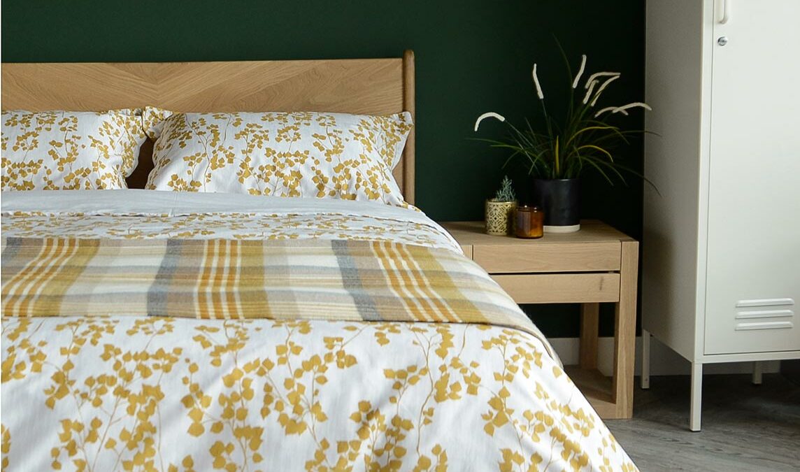 spring summer bedding, mustard yellow leaf print on white