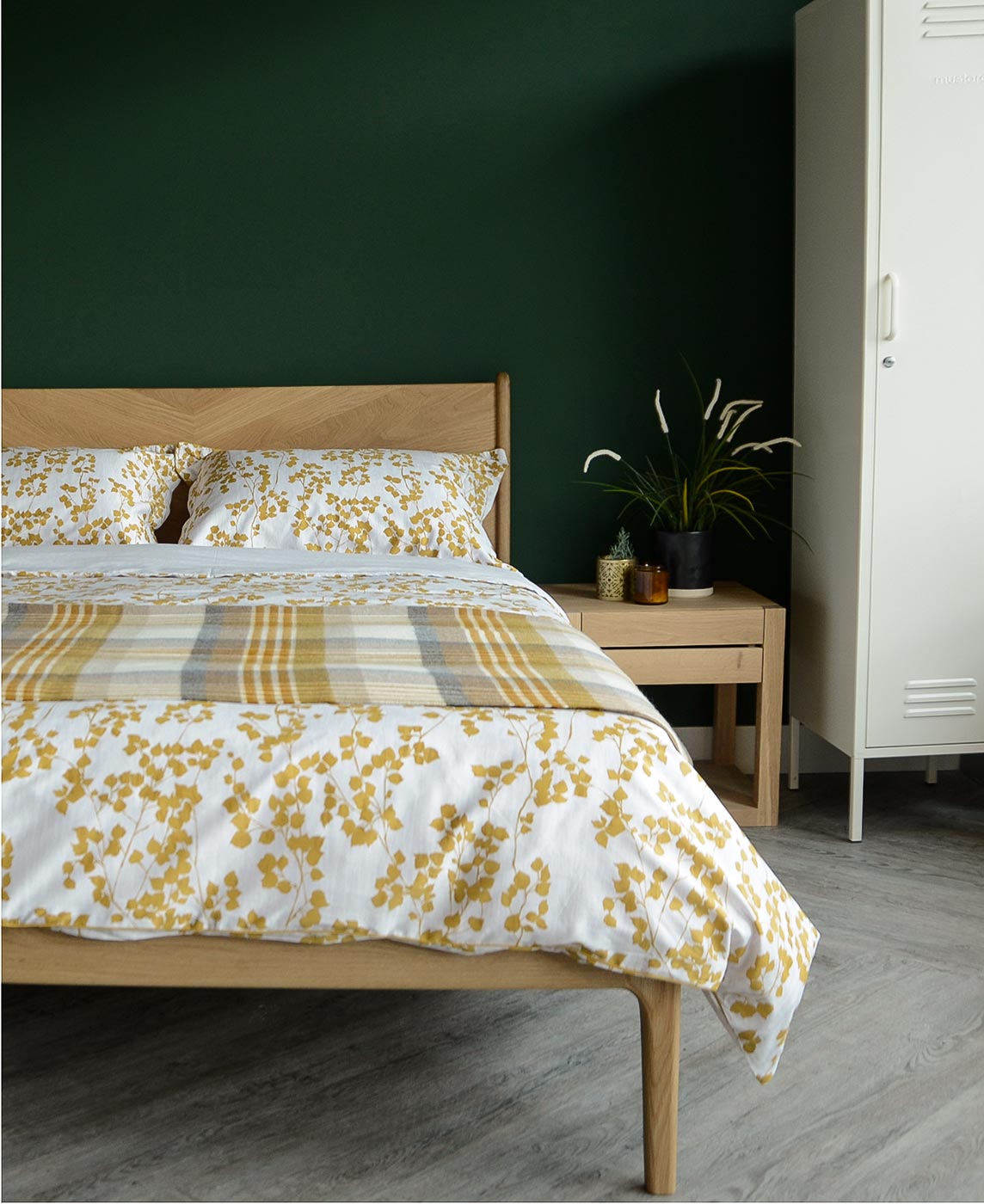 spring summer bedding, mustard yellow leaf print on white