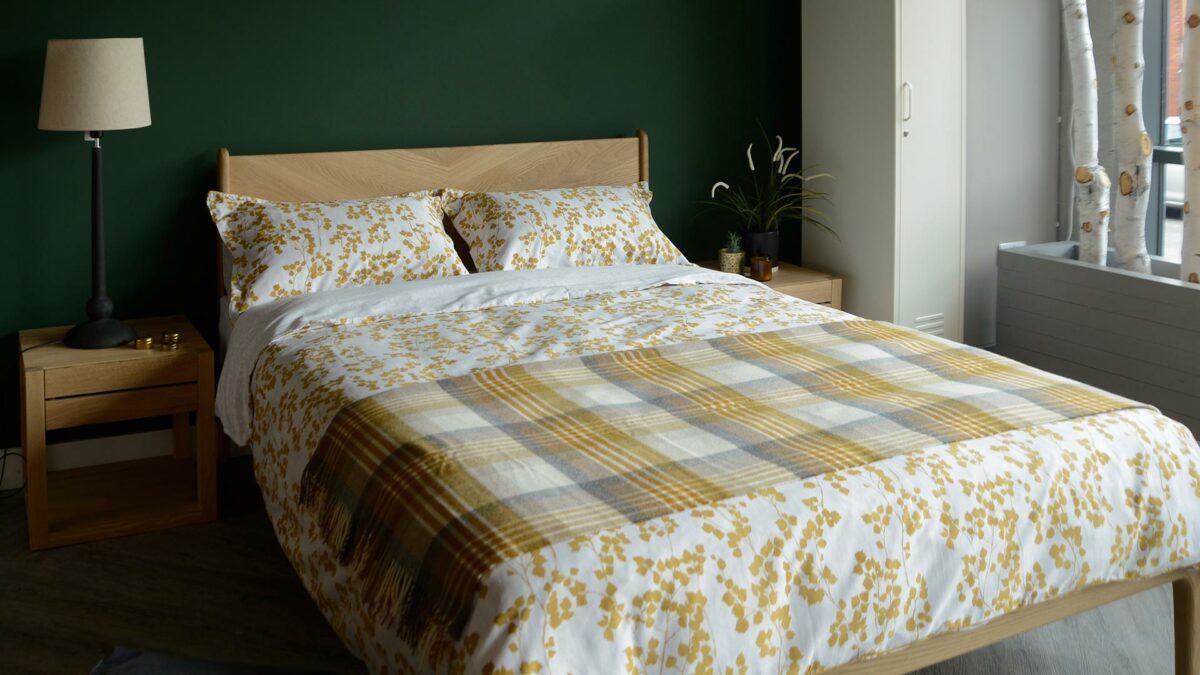 spring summer bedding, mustard yellow leaf print duvet set