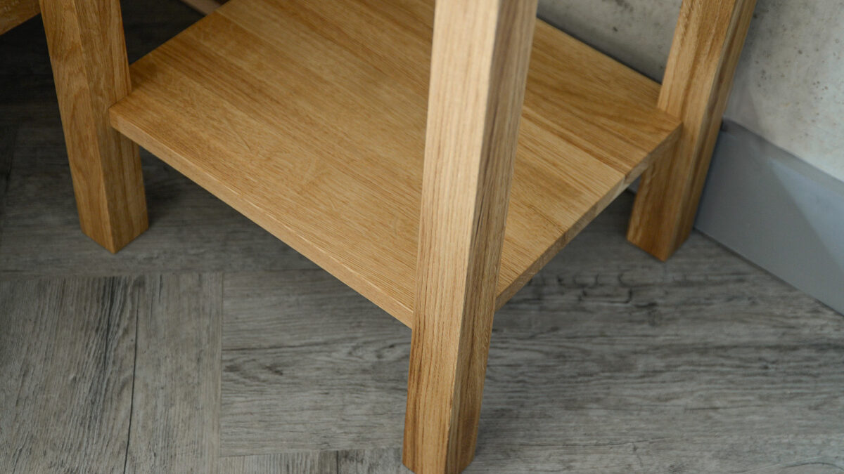 oak Bedside table with one drawer a view of the lower shelf