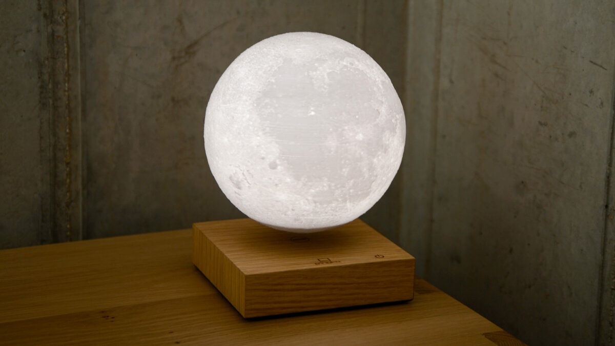 levitating moon lamp with oak base