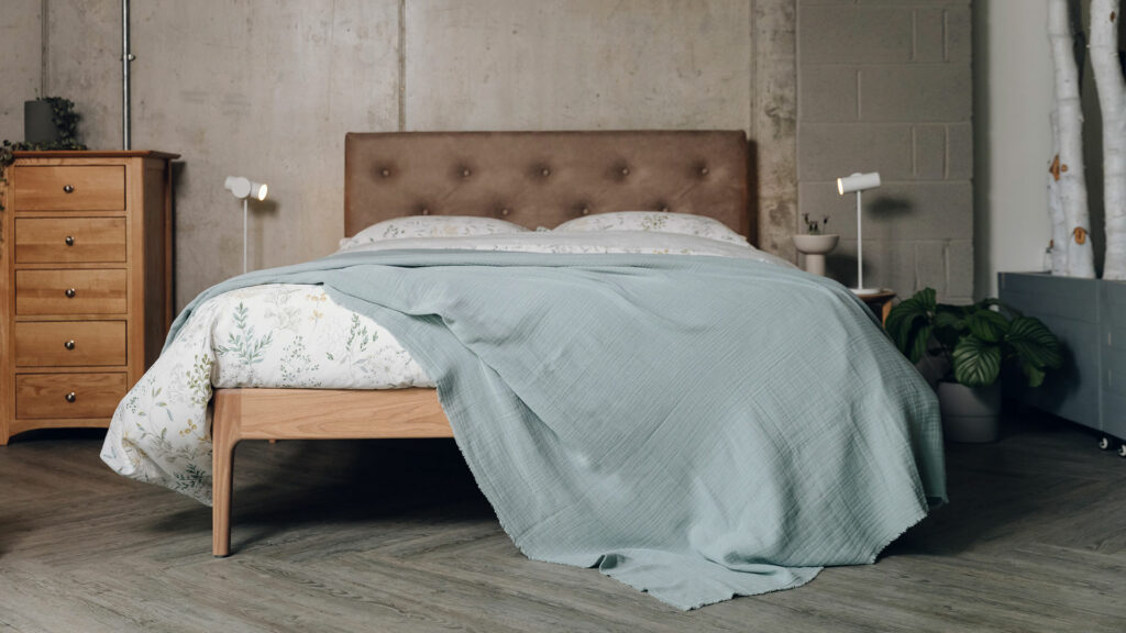 light bedspread in dusty aqua
