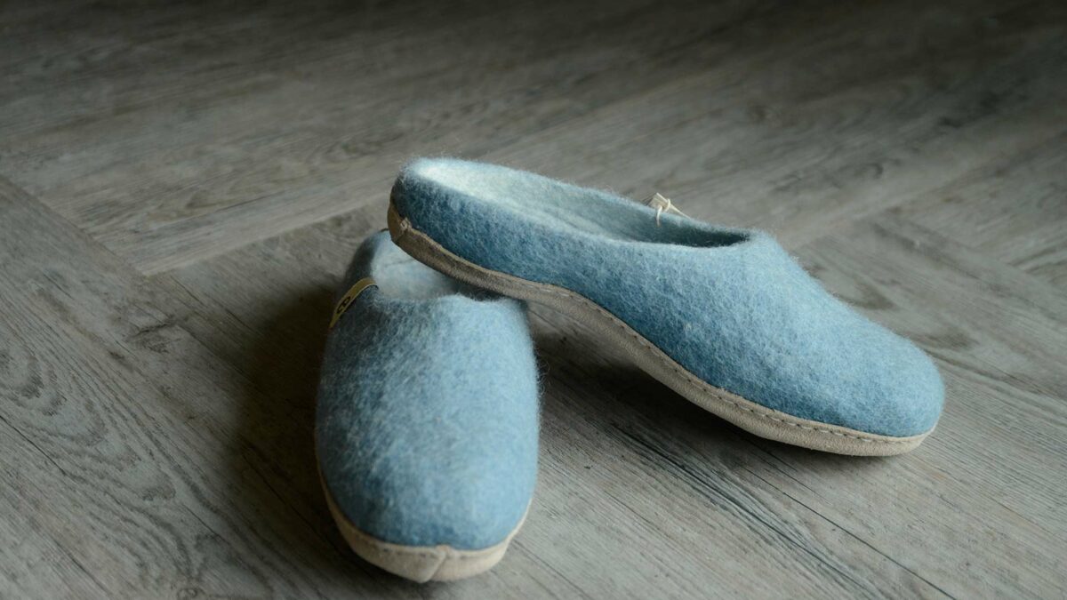 felted New Zealand wool slippers in pale blue