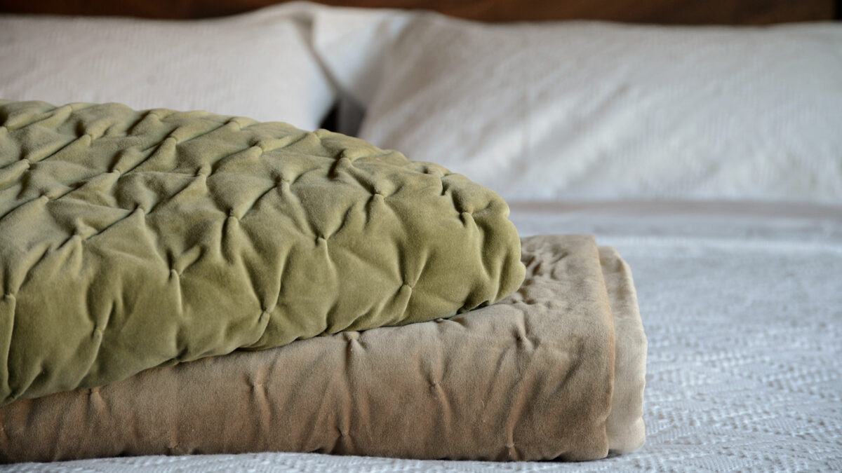 light brown and sage green velvet quilts