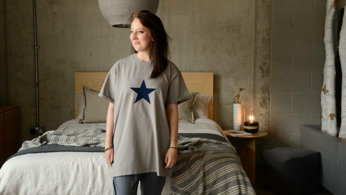 light grey large t shirt with blue star