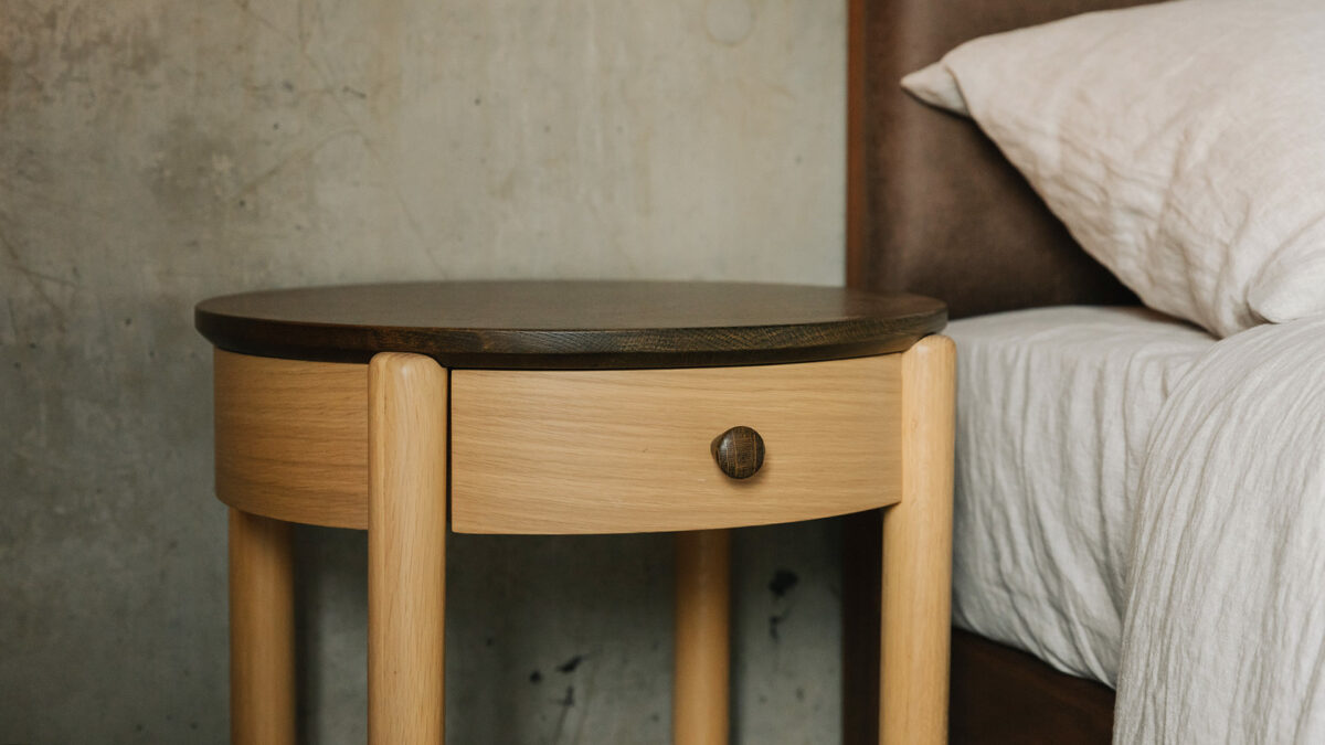 light oak bedside with dark oak stained top