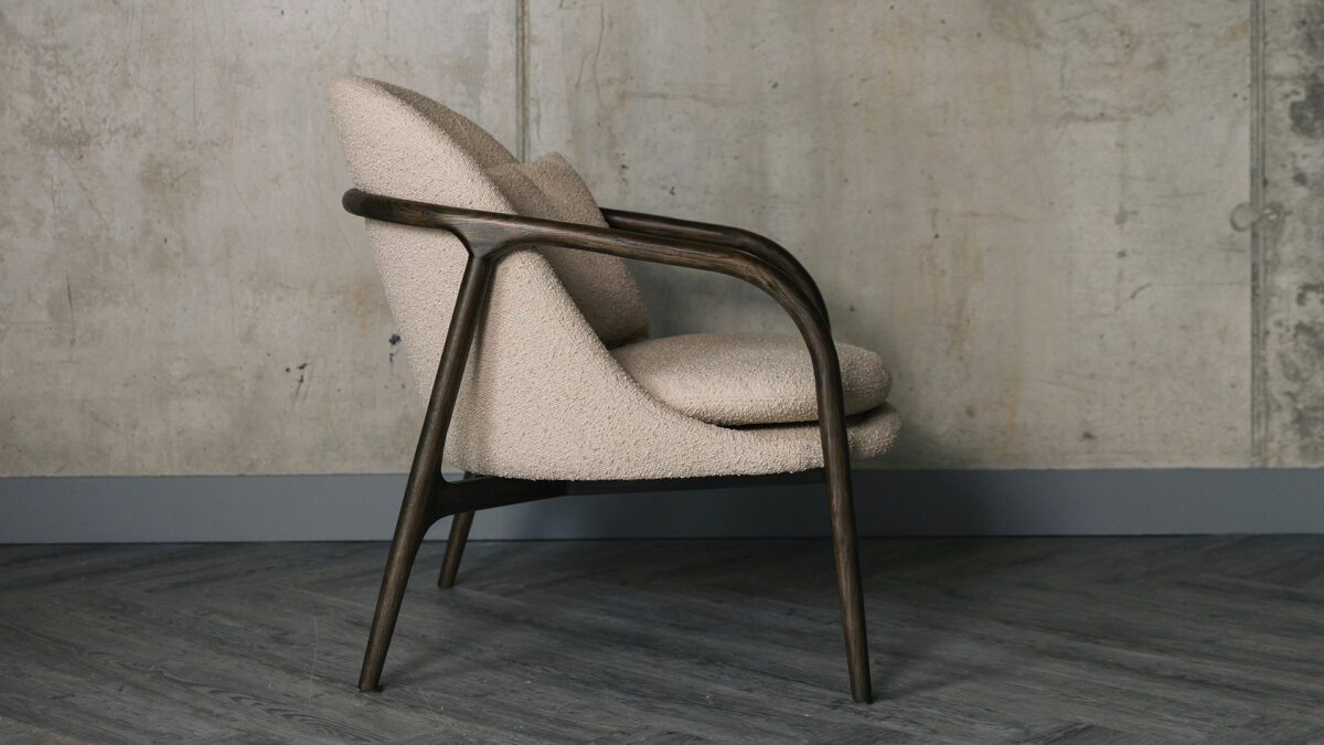 light taupe chair with dark wood frame