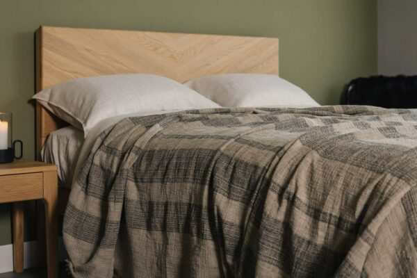 luxurious textured weave bedspread with stripes of taupe and black threads