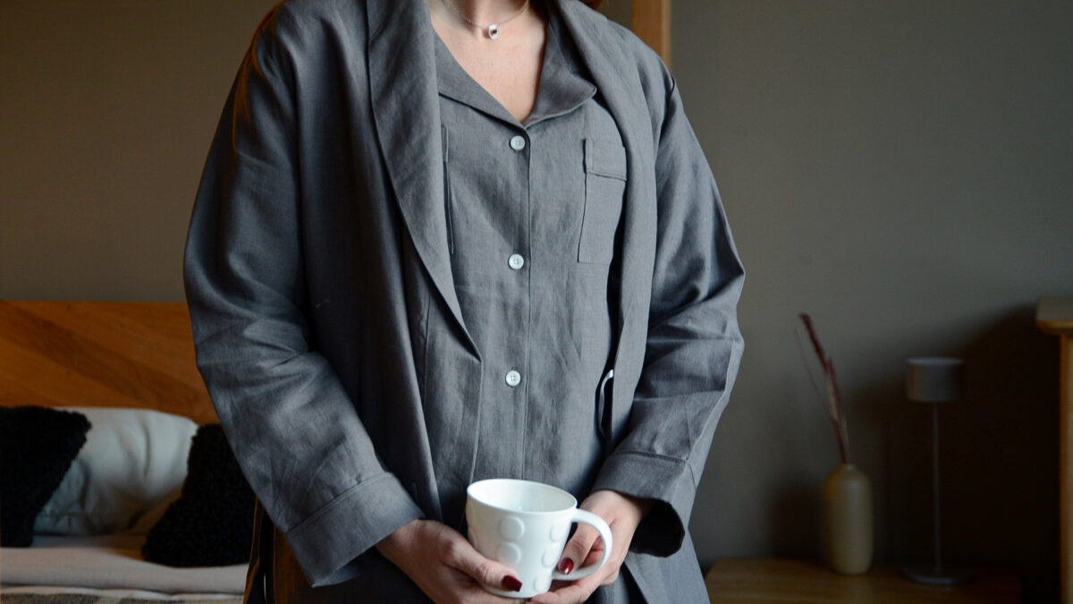 organic linen dressing gown with matching pyjamas in charcoal grey