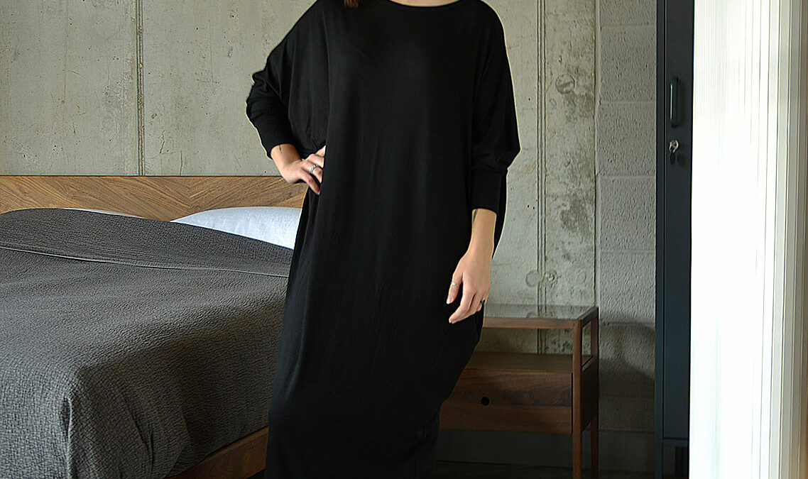 long black dress with bat wing sleeves