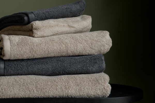 super soft bathroom towels in dark slate and taupe