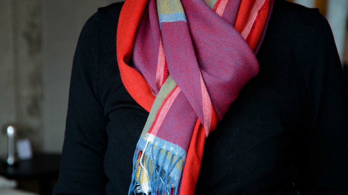 Vibrant lightweight colour block scarf woven from merino wool