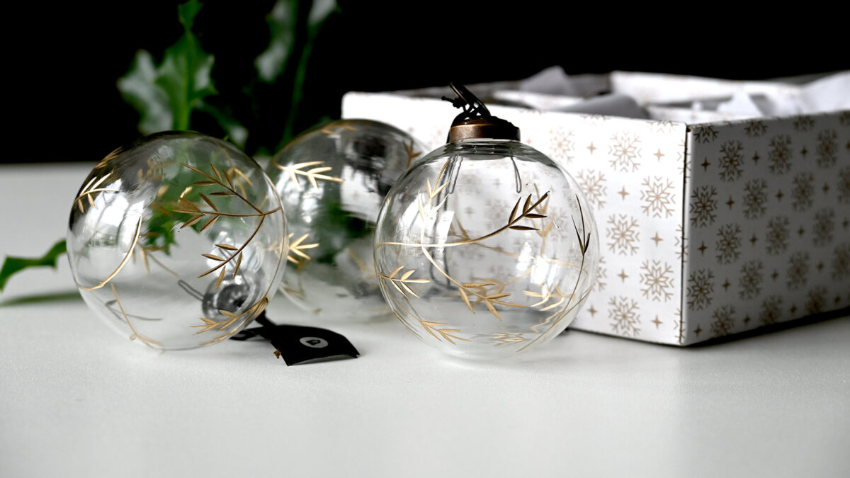 Box of Luxury Glass Christmas Ornaments - Gold Engraving