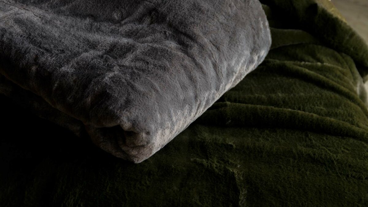 softest luxury faux fur throw in charcoal grey and olive green